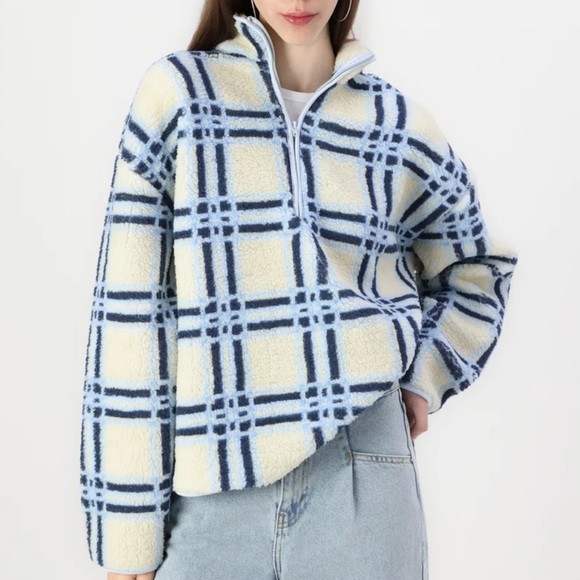 🆕 BDG Urban Outfitters Women's Check Pullover 1/2 Zipper Jacket  Blue Size S - Picture 1 of 8